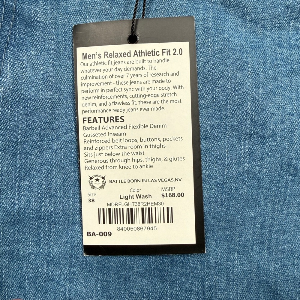 Barbell Apparel Jeans Mens 38x30 Blue Relaxed Athletic Fit 2.0 Light Wash NWT - Picture 2 of 11